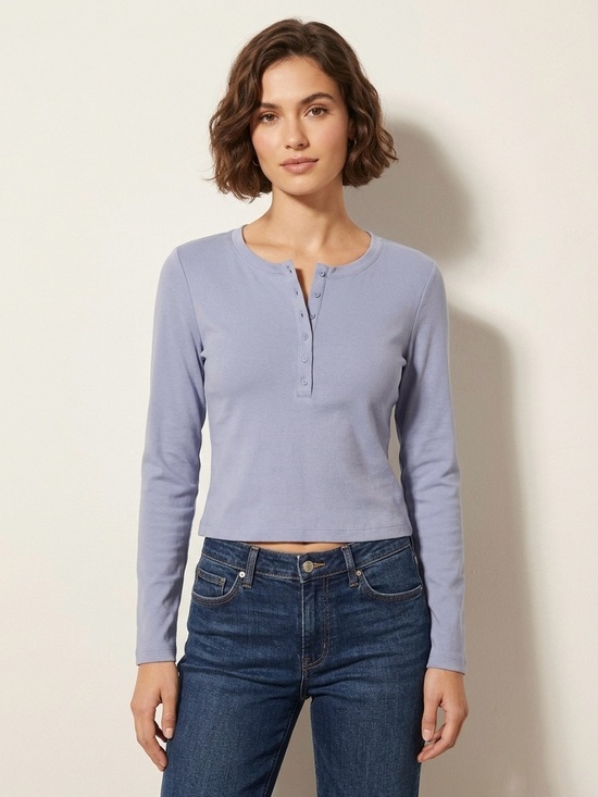 Express Tops - Vintage Y2K Express Lavender Blue Button Henley Knit Top Cropped Size L NWT